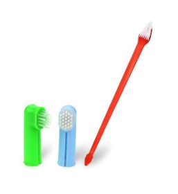 Two Headed Dog Toothbrush Set Canine Dental Hygiene Brush with 2 Finger Brushes Soft Bristles - red