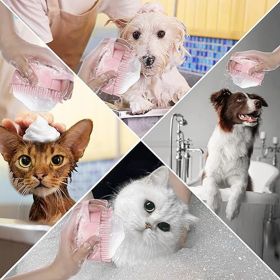 Dog Cat Bath Brush Comb Silicone Rubber Dog Puppy Massage Brush Hair Fur Grooming Cleaning Brush Soft Shampoo Dispenser - Pink