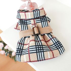 Pet Dress; Plaid Dog Dress With Belt; Winter Cat Dress Pet Clothes For Small Medium Dogs & Cats - Dark Khaki - S