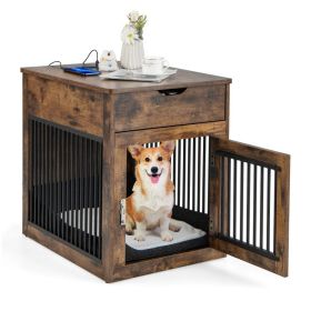 2-In-1 Dog House with Drawer and Wired Wireless Charging - Rustic Brown